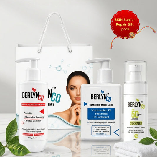 Berlynco Skin Barrier Repair Rakhi Gift Set | Barrier Repair Moisturizer + Foaming Cream Cleanser + SPF 50 Sunscreen - Berlynco