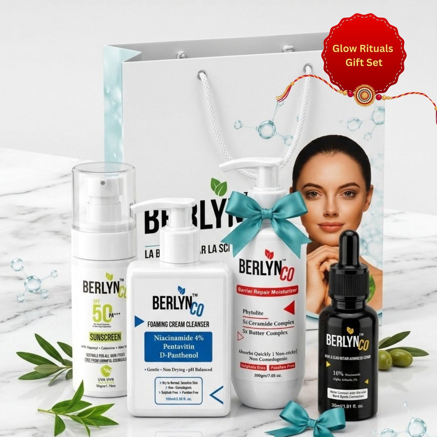 Berlynco Glow Rituals Rakhi Gift Set | Cleanser + Moisturizer + SPF 50 Sunscreen + Acne & Scar Repair Serum - Berlynco