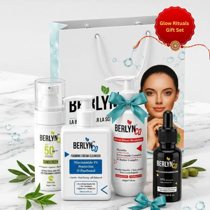 Berlynco Glow Rituals Rakhi Gift Set | Cleanser + Moisturizer + SPF 50 Sunscreen + Acne & Scar Repair Serum - Berlynco