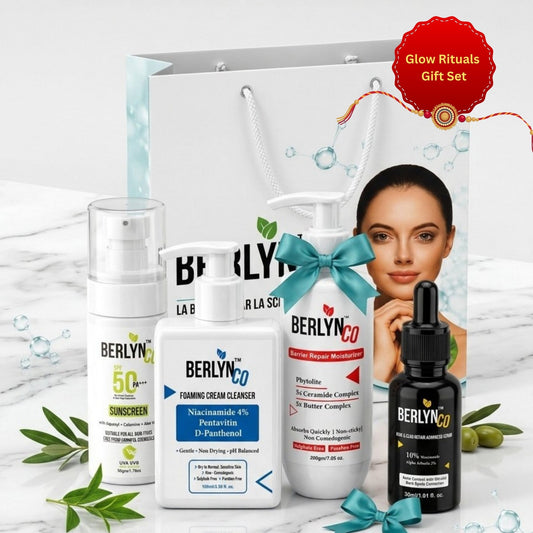 Berlynco Glow Rituals Rakhi Gift Set | Cleanser + Moisturizer + SPF 50 Sunscreen + Acne & Scar Repair Serum - Berlynco