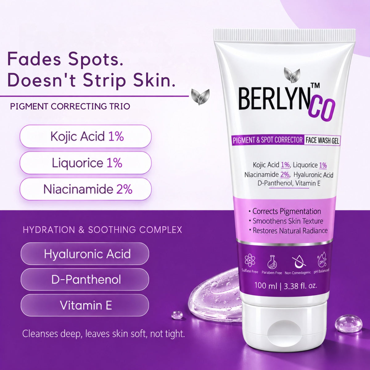 BERLYNCO Pigment & Spot Corrector Face Wash Gel with 1% Kojic Acid, 1% Liquorice & 2% Niacinamide – 100 ml - Berlynco