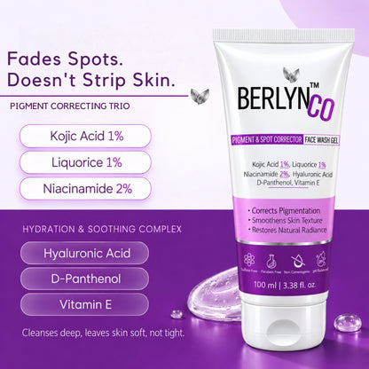 BERLYNCO Pigment & Spot Corrector Face Wash Gel with 1% Kojic Acid, 1% Liquorice & 2% Niacinamide – 100 ml - Berlynco