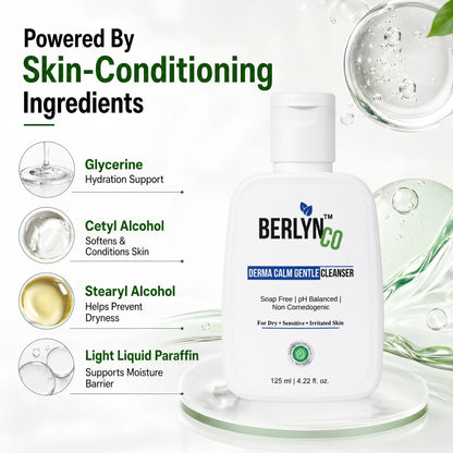 BerlynCo Derma Calm Gentle Cleanser | Soap - Free Face Wash for Dry, Sensitive & Irritated Skin | pH Balanced & Non - Comedogenic | 125ml - Berlynco