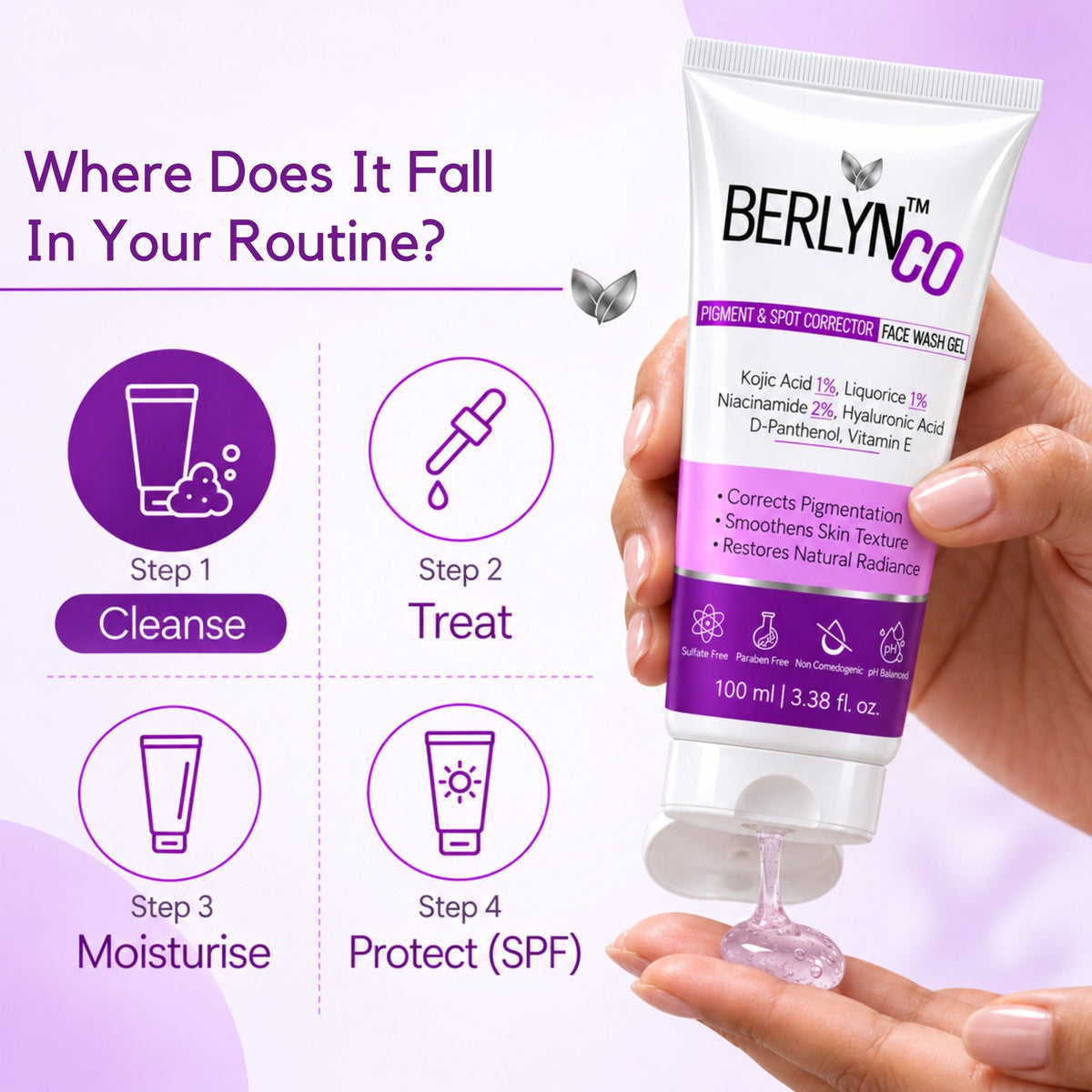 BERLYNCO Pigment & Spot Corrector Face Wash Gel with 1% Kojic Acid, 1% Liquorice & 2% Niacinamide – 100 ml - Berlynco