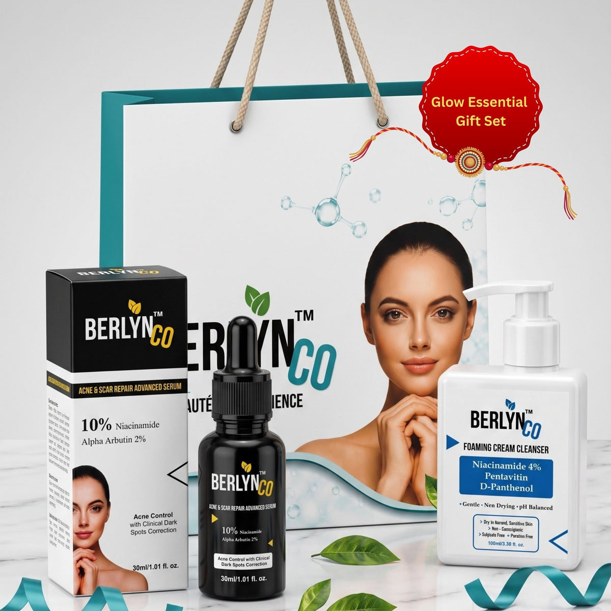 Berlynco Glow Essential Rakhi Gift Set | Acne & Scar Repair Serum + Foaming Cream Cleanser - Berlynco