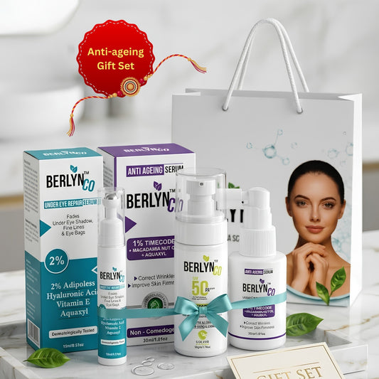 Berlynco Anti-Ageing Rakhi Gift Set | Under Eye Repair Serum + 1% Timecode Anti-Ageing Serum + SPF 50 Sunscreen - Berlynco