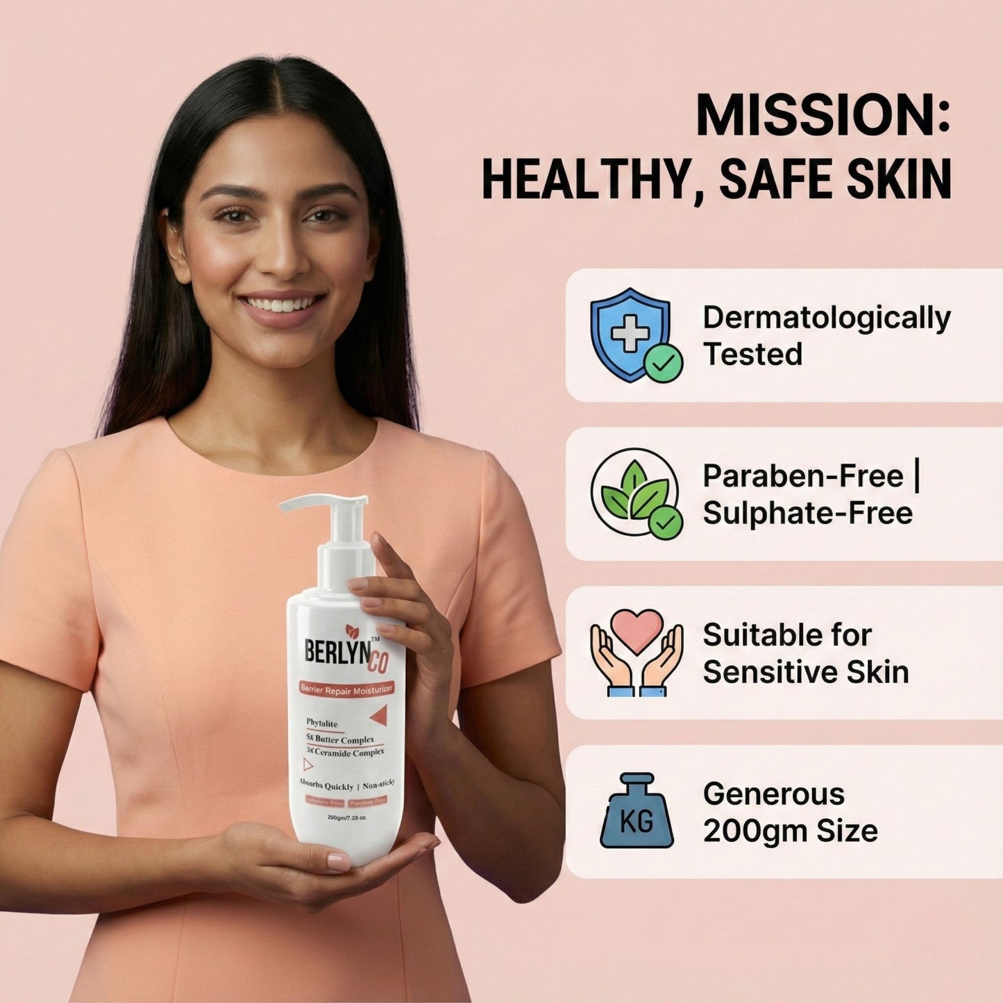 Berlynco Barrier Repair Moisturizer | With Phytolite, 5X Butter Complex & 3X Ceramide Complex | Fast Absorbing, Non - Sticky | Sulphate & Paraben Free | 200 g - Berlynco