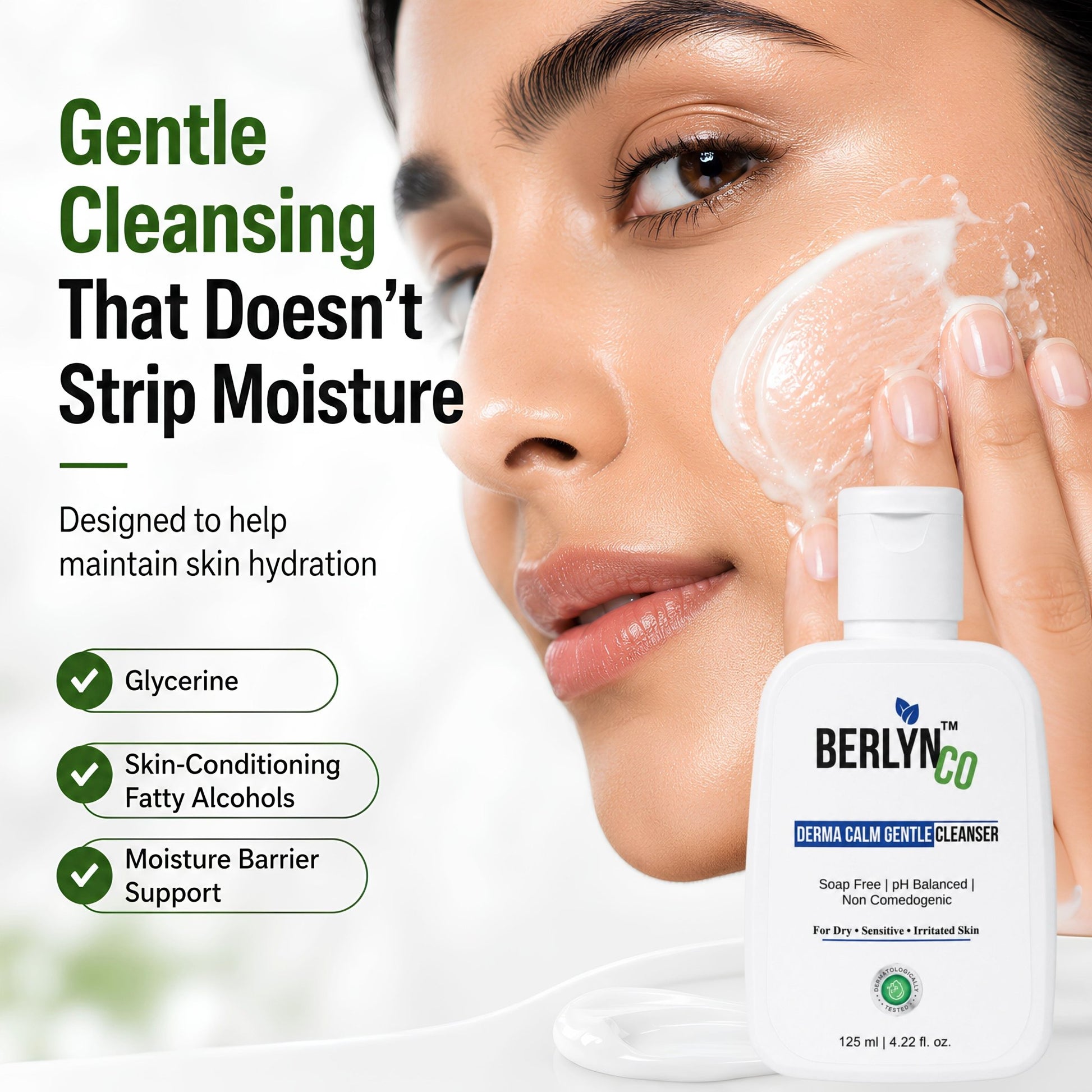 BerlynCo Derma Calm Gentle Cleanser | Soap - Free Face Wash for Dry, Sensitive & Irritated Skin | pH Balanced & Non - Comedogenic | 125ml - Berlynco