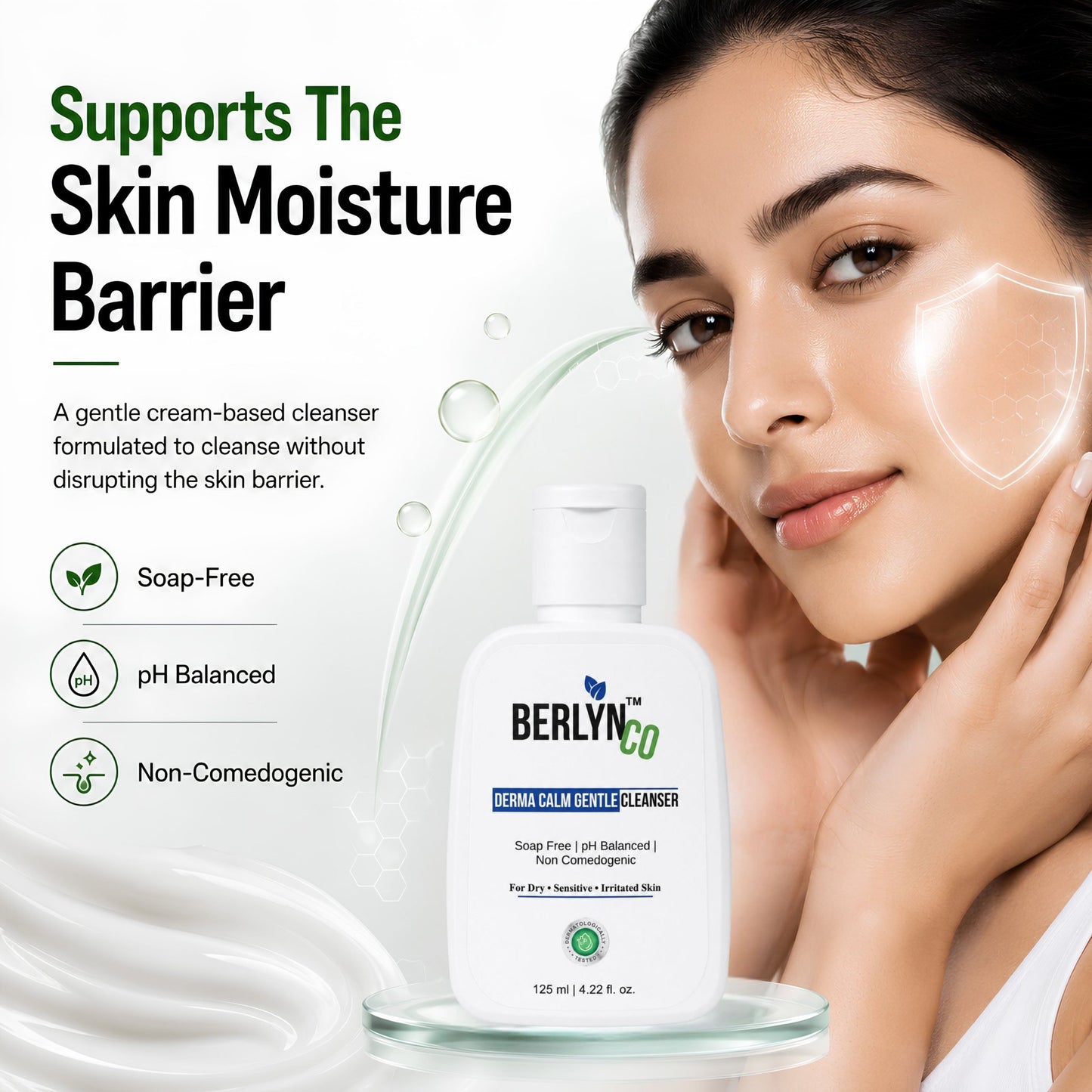 BerlynCo Derma Calm Gentle Cleanser | Soap - Free Face Wash for Dry, Sensitive & Irritated Skin | pH Balanced & Non - Comedogenic | 125ml - Berlynco