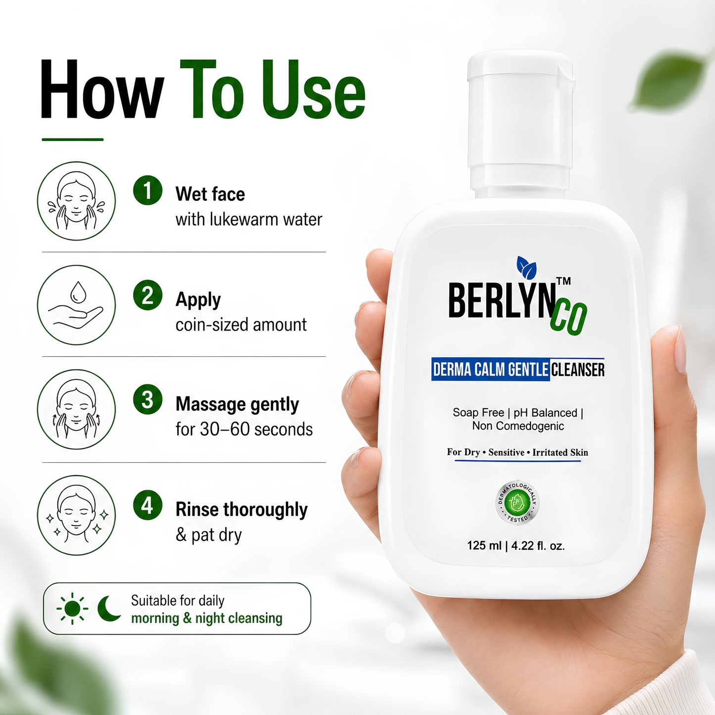 BerlynCo Derma Calm Gentle Cleanser | Soap - Free Face Wash for Dry, Sensitive & Irritated Skin | pH Balanced & Non - Comedogenic | 125ml - Berlynco