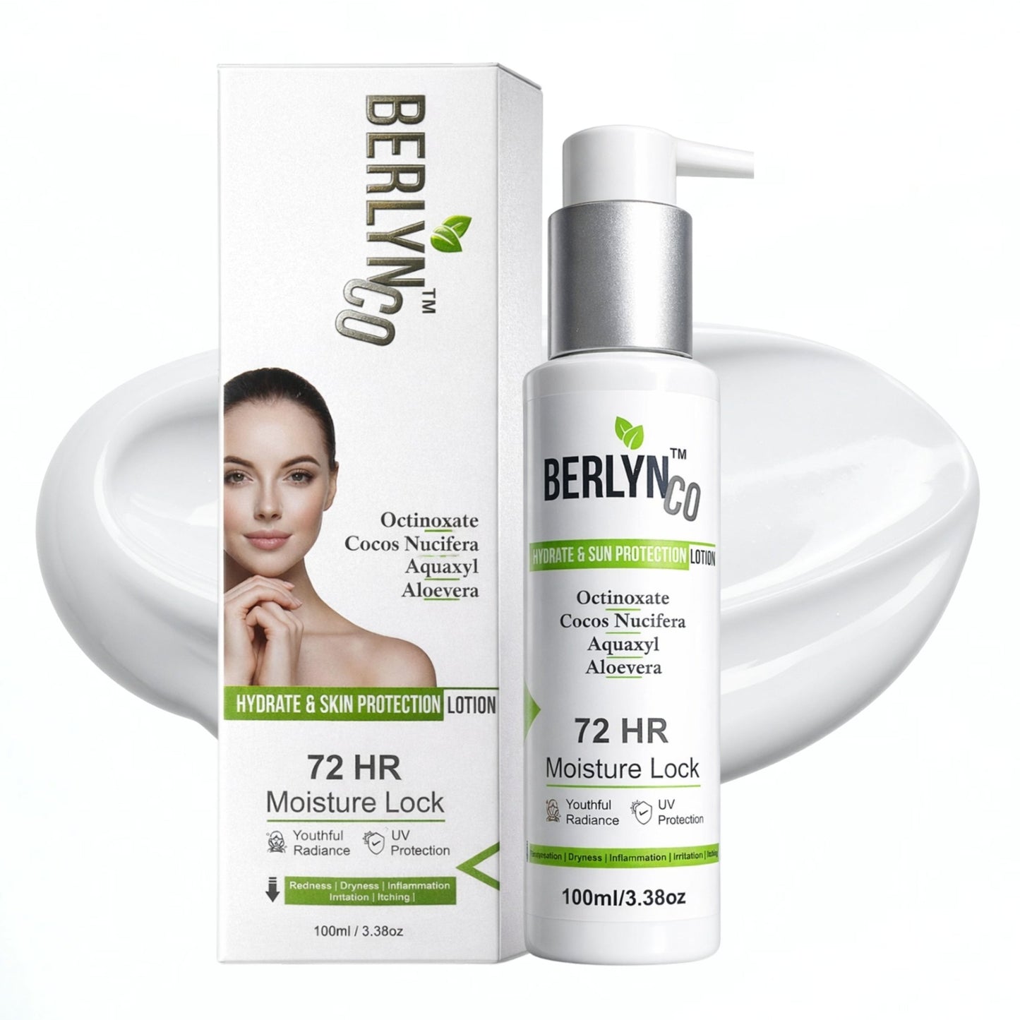 Berlynco Hydrating & Sun Protection Lotion SPF 20 | Patented Aquaxyl | 72hr Moisture | 200ml - Berlynco