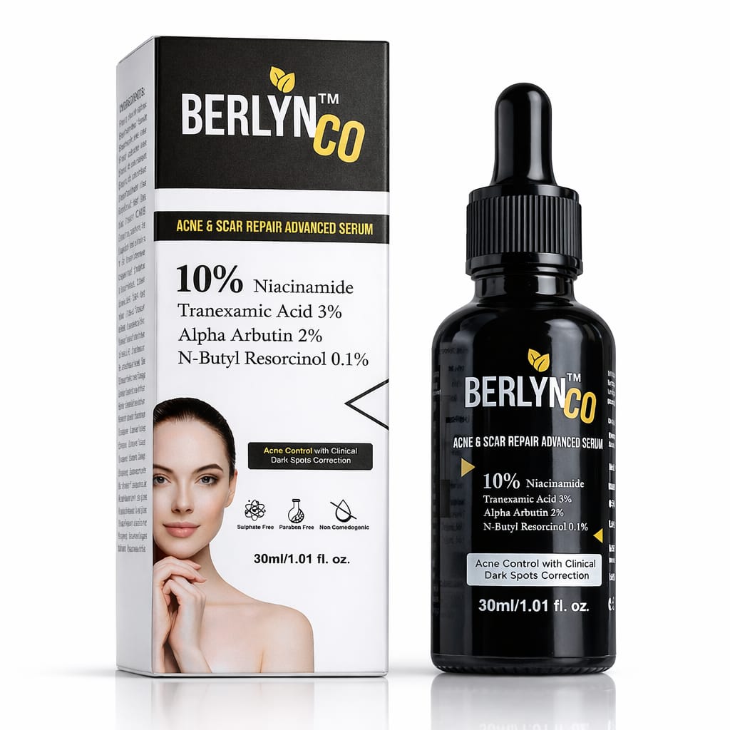Berlynco Acne & Scar Repair Advanced Serum | 10% Niacinamide + 3% Tranexamic Acid + 2% Alpha Arbutin + 0.1% N - Butyl Resorcinol | Dark Spot Corrector, Oil Control & Pore Minimizing Face Serum | 30ml - Berlynco