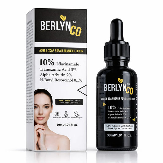 Berlynco Acne & Scar Repair Advanced Serum | 10% Niacinamide + 3% Tranexamic Acid + 2% Alpha Arbutin + 0.1% N - Butyl Resorcinol | Dark Spot Corrector, Oil Control & Pore Minimizing Face Serum | 30ml - Berlynco