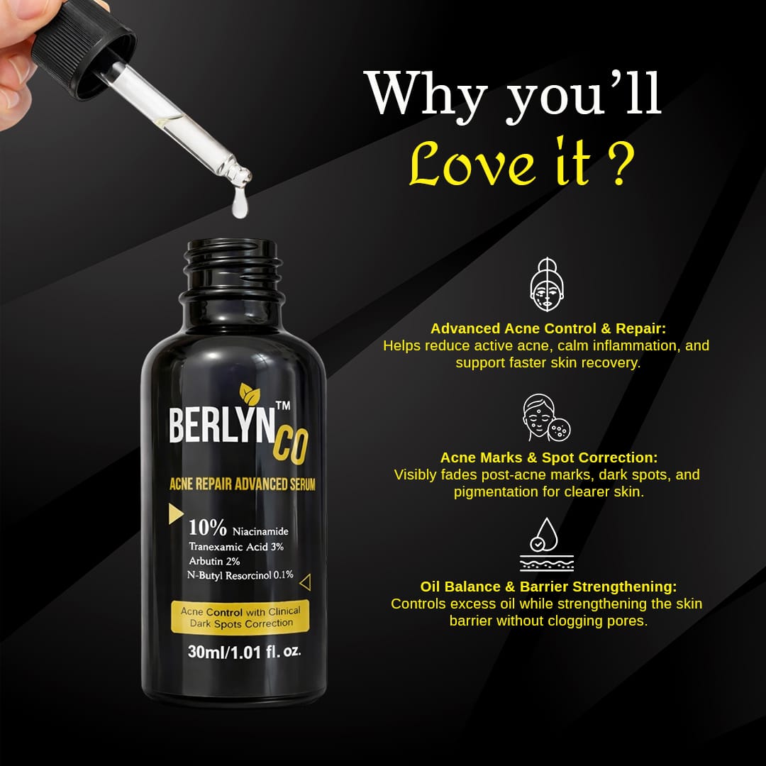 Berlynco Acne & Scar Repair Advanced Serum | 10% Niacinamide + 3% Tranexamic Acid + 2% Alpha Arbutin + 0.1% N - Butyl Resorcinol | Dark Spot Corrector, Oil Control & Pore Minimizing Face Serum | 30ml - Berlynco