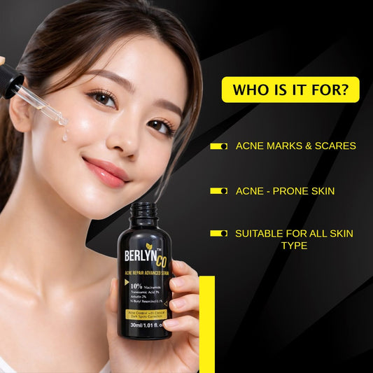 Berlynco Acne & Scar Repair Advanced Serum | 10% Niacinamide + 3% Tranexamic Acid + 2% Alpha Arbutin + 0.1% N - Butyl Resorcinol | Dark Spot Corrector, Oil Control & Pore Minimizing Face Serum | 30ml - Berlynco