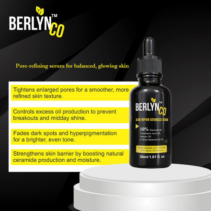 Berlynco Acne & Scar Repair Advanced Serum | 10% Niacinamide + 3% Tranexamic Acid + 2% Alpha Arbutin + 0.1% N - Butyl Resorcinol | Dark Spot Corrector, Oil Control & Pore Minimizing Face Serum | 30ml - Berlynco